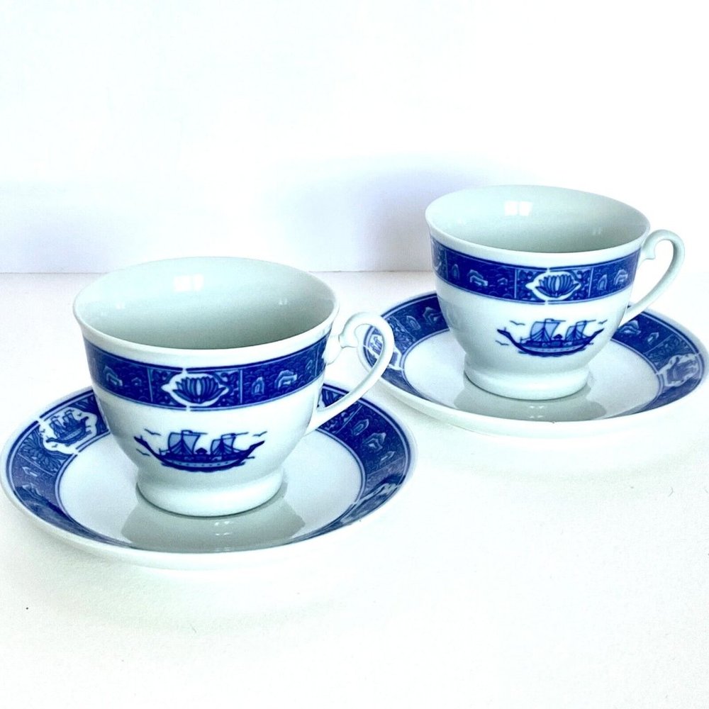 Han Dan Blue White Porcelain Tea Cup and Saucer Set of 2 Vintage